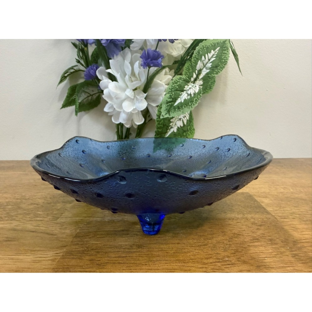 Vintage Cobalt Blue Textured Three Footed Console Bowl MCM Decor Kitchen‎ Dining